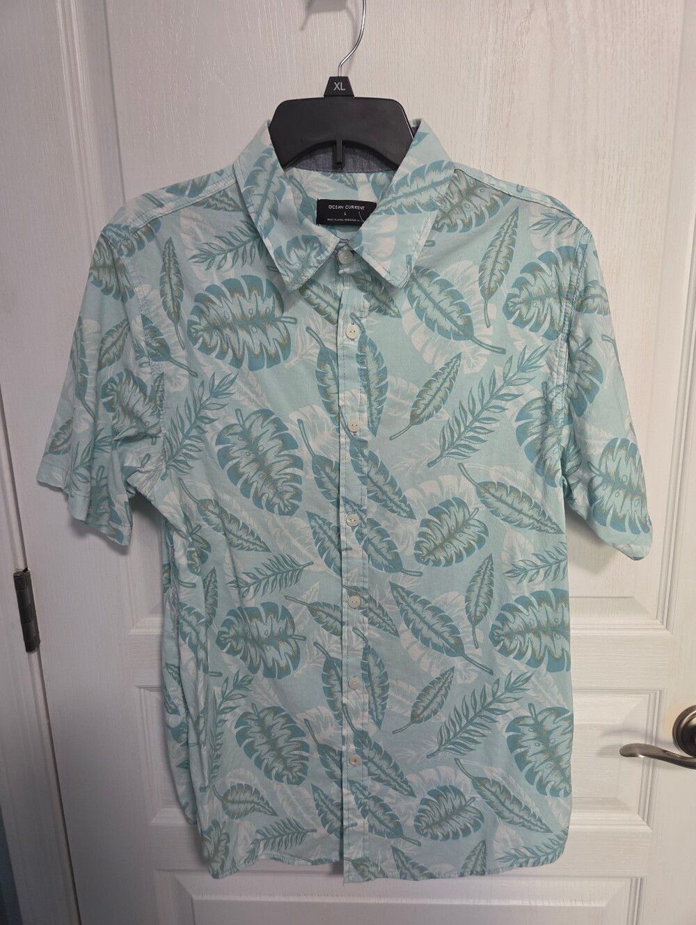 Ocean Current Hawaiian Shirt Blue Green Palm Leaves Mens Large Summer Vacation